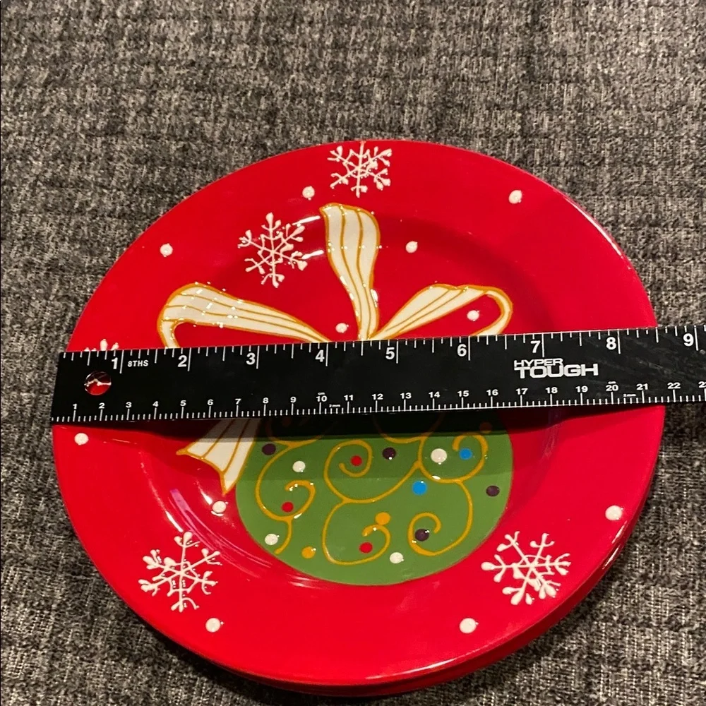 Pier 1 Festive Red and Green Holiday Plates “Decorations”. Ceramic. Set of 3.